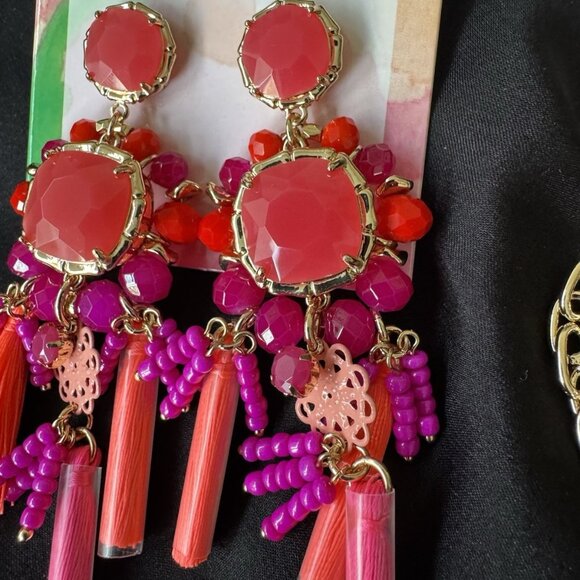 Lilly Pulitzer Goldtone Red Pink Bead Tassel Statement Necklace Earring SET NEW - Picture 8 of 14